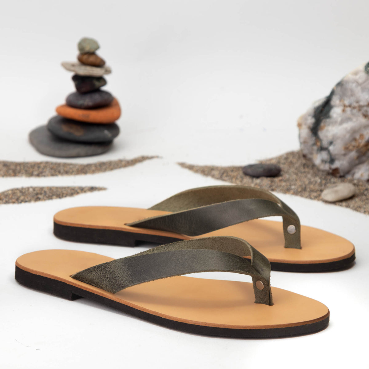 Daphne Natural Evergreen leather sandal strap detail