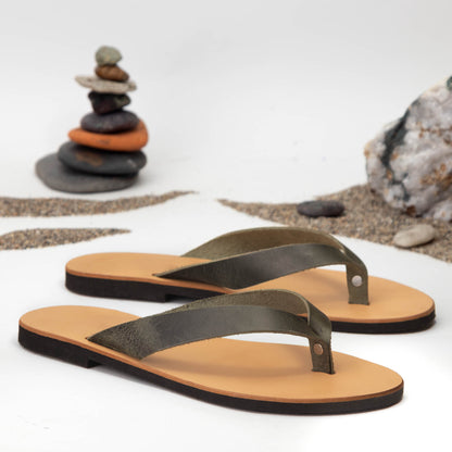 Daphne Natural Evergreen leather sandal strap detail